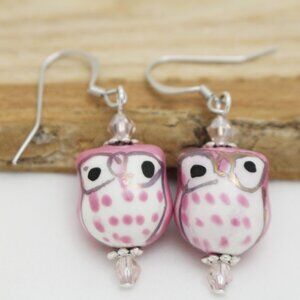 Pink Hand Painted Beaded Owl Earrings - Handmade & Hypoallergenic